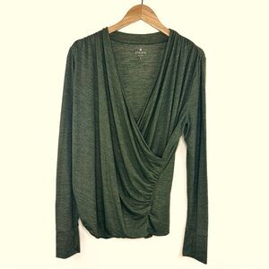 Athleta Odyssey Luxe Faux Wrap in Metallic Spacedye Green Long Sleeve Top Sz L